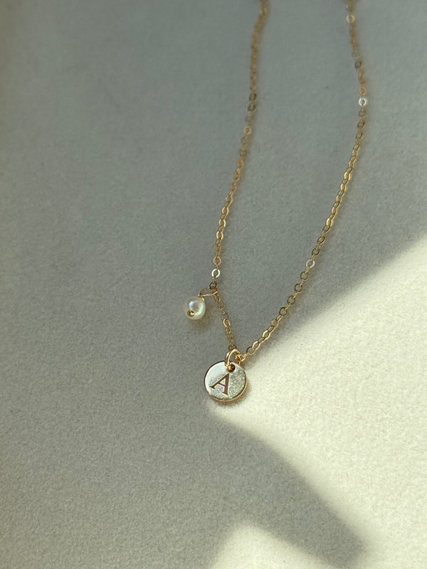 GRACE | MINI INITIAL DISC AND PEARL NECKLACE