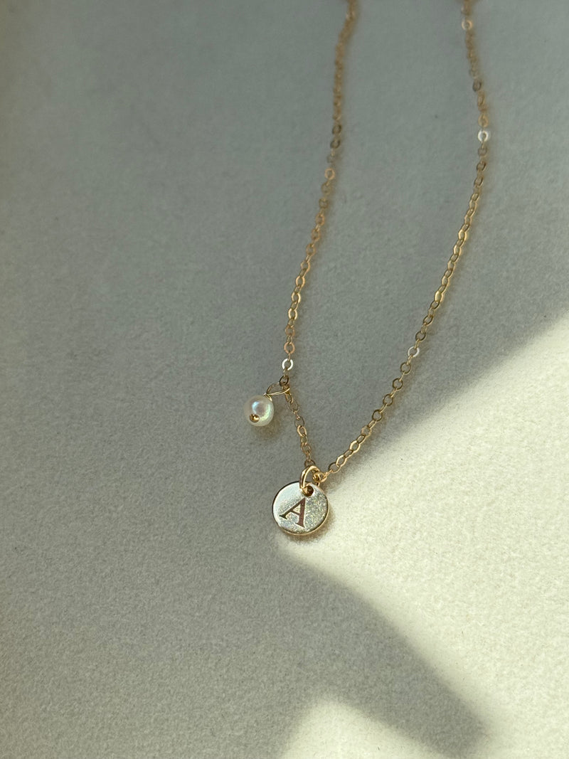 GRACE | MINI INITIAL DISC AND PEARL NECKLACE