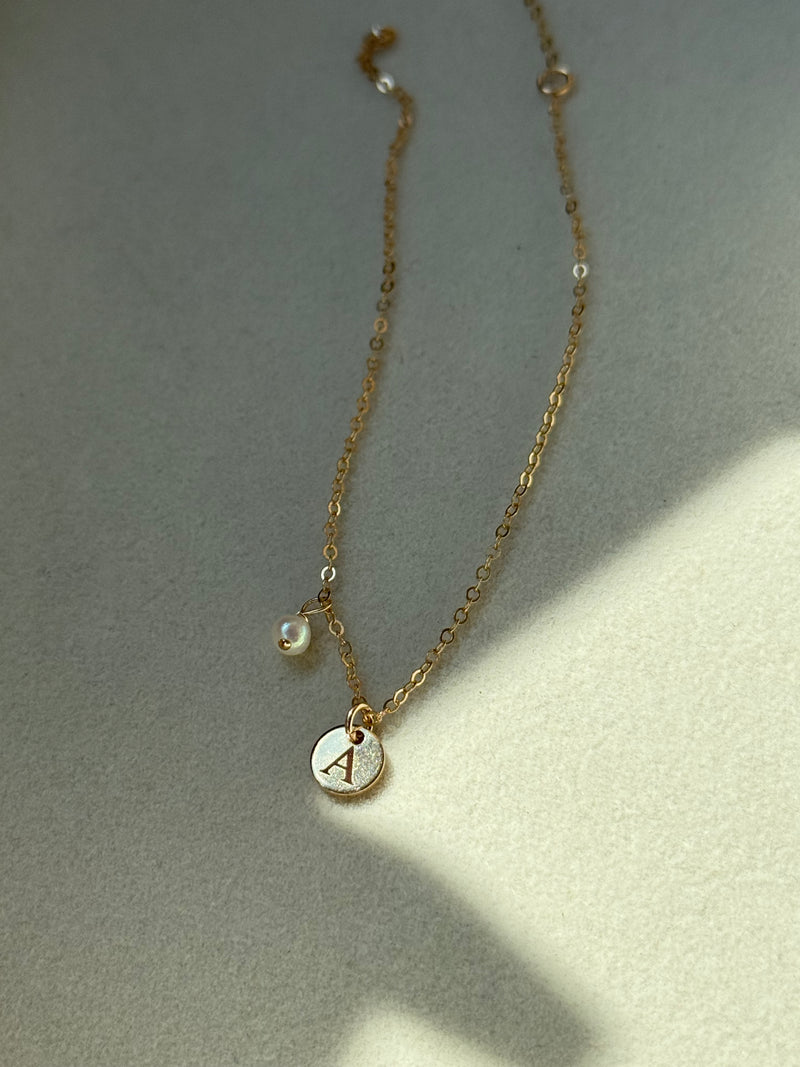 GRACE | MINI INITIAL DISC AND PEARL NECKLACE