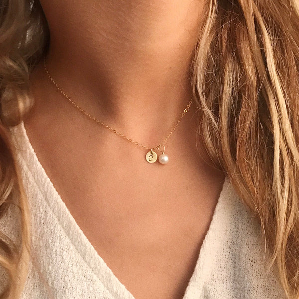 GRACE | MINI INITIAL DISC AND PEARL NECKLACE