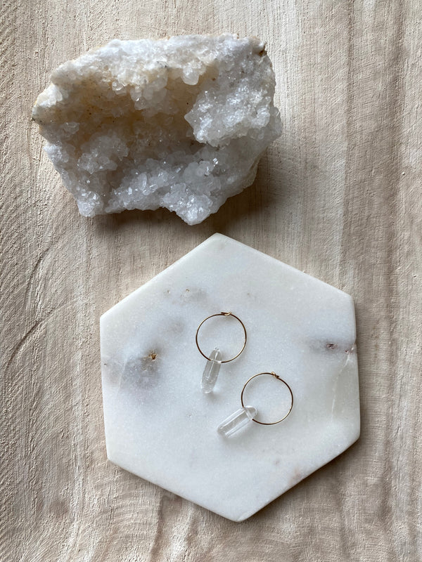 CLEAR THE MIND - Quartz Drop Hoop Earrings