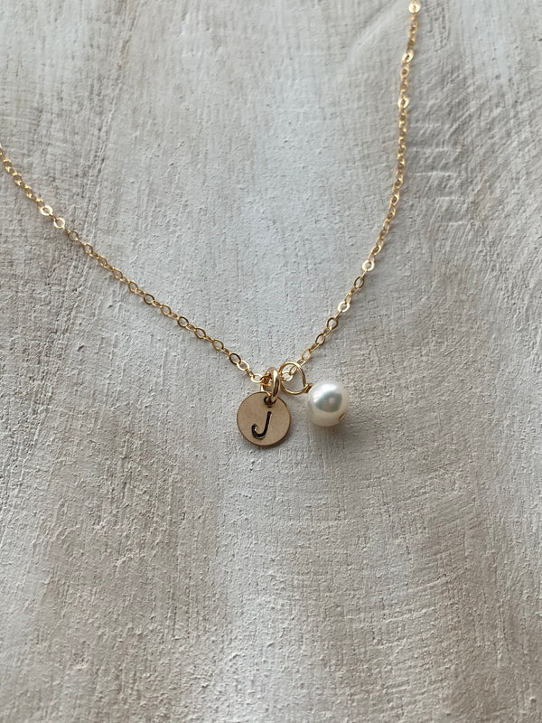 GRACE | MINI INITIAL DISC AND PEARL NECKLACE